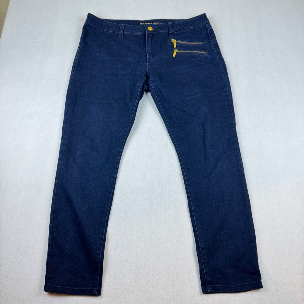 Michael Kors Womens Skinny Jeans Dark Wash Gold Zip Detail Size 12
